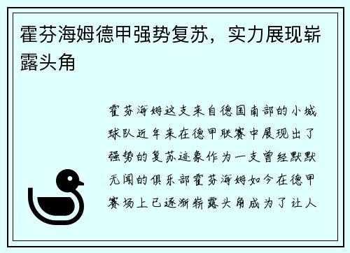 霍芬海姆德甲强势复苏，实力展现崭露头角
